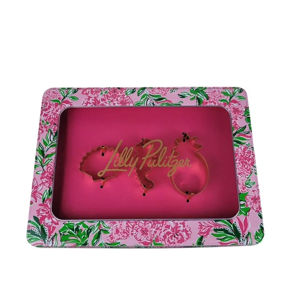 Lilly Pulitzer GWP Cookie Exchange‎ Kit Pink Floral Tin Seahorse Pineapple Shell